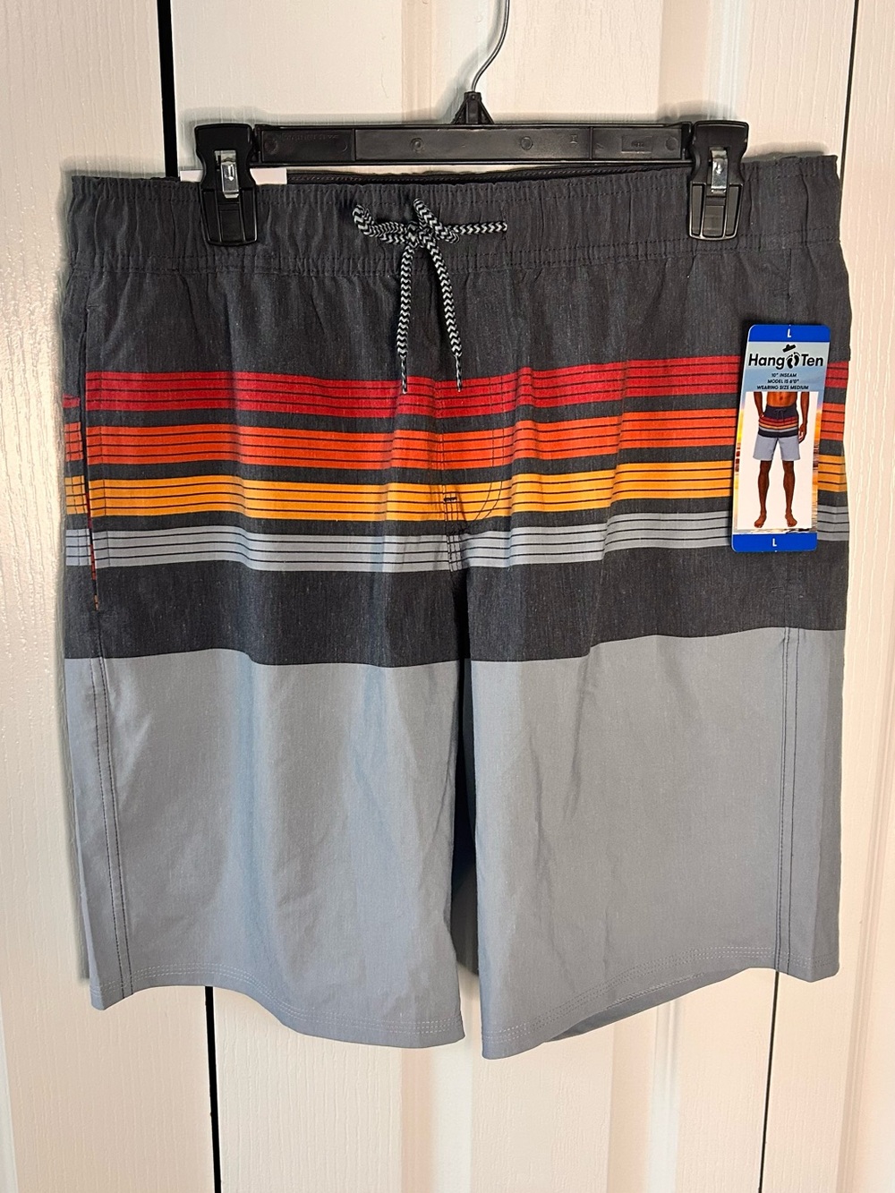Hang Ten Mens Swim Trunks L Gray Board Shorts Beach Surf Pockets Lightweight NWT